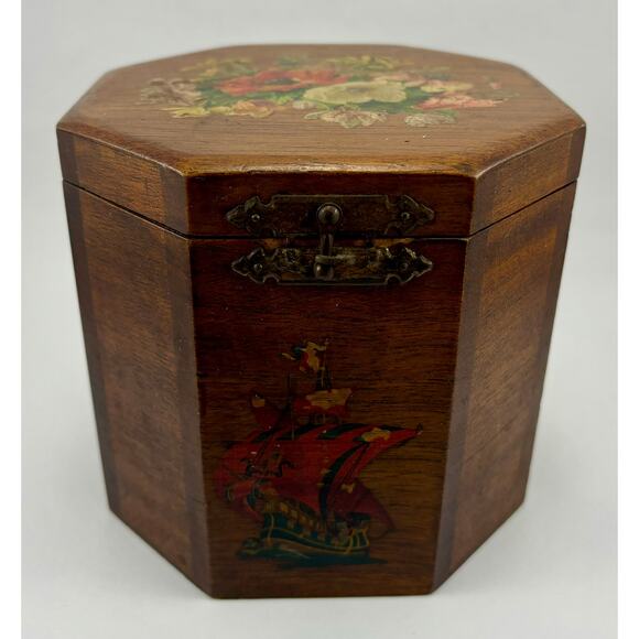 Vintage Lidded Wood Deco Box with Floral Pirate Ship Appliques Brass Closure - Picture 4 of 12